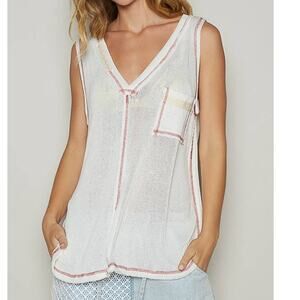 Sleeveless V Neck Front Pocket Solid Knit Tank Top Off White